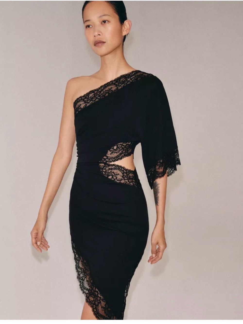 Zara Black One-Shoulder Lace Cutout Midi Dress